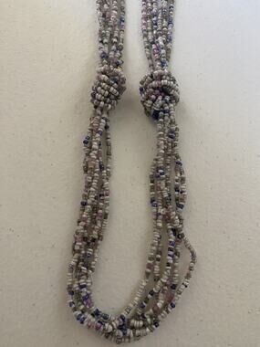 Beaded Necklace With Knots 6 Strand Blue Pink Ivory And Grey 35 Inchs